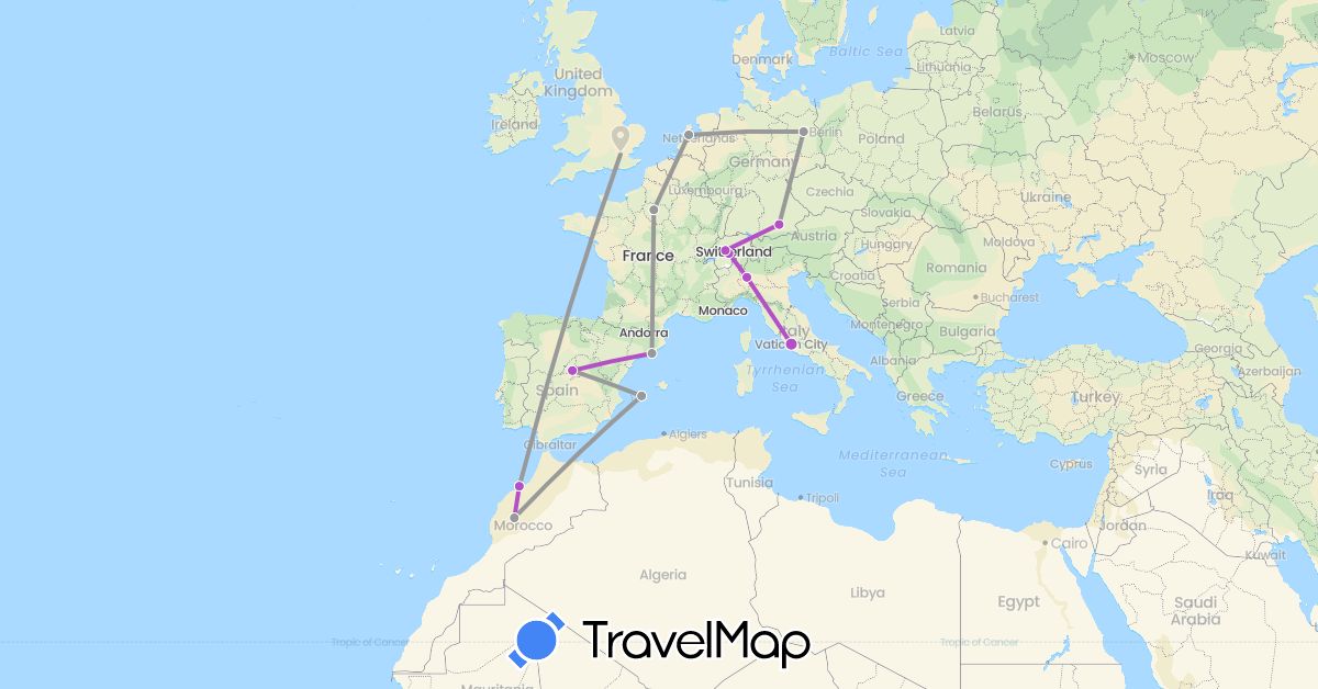 TravelMap itinerary: driving, plane, train in Switzerland, Germany, Spain, France, United Kingdom, Italy, Morocco, Netherlands (Africa, Europe)